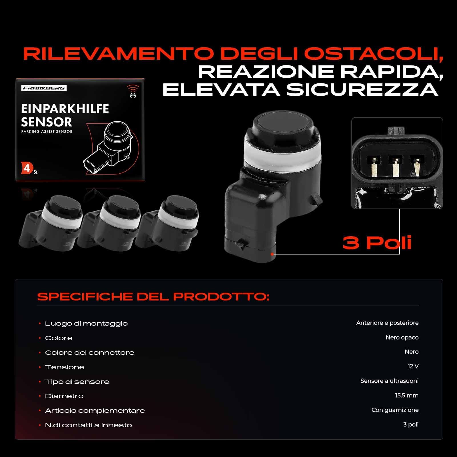 Frankberg 4 sensori di parcheggio anteriori e posteriori 5Q0919275A | Compatibile con: A3 Limousine 8VM 8VS, A3 8V1 8VK, O.c.t.a.v.i.a III 5E3 NL3 NR3, O.c.t.a.v.i.a III Combi 5E5 5E6