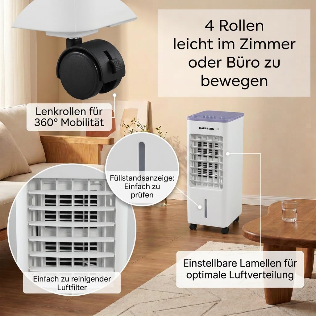 Klimagerät ohne abluftschlauch | 4 L Top Fill Wassertank | Luftkühler mit Kühlakkus - 3 Geschwindigkeiten | Mobiles Klimagerät mit Oszillation | ohne Fernbedienung