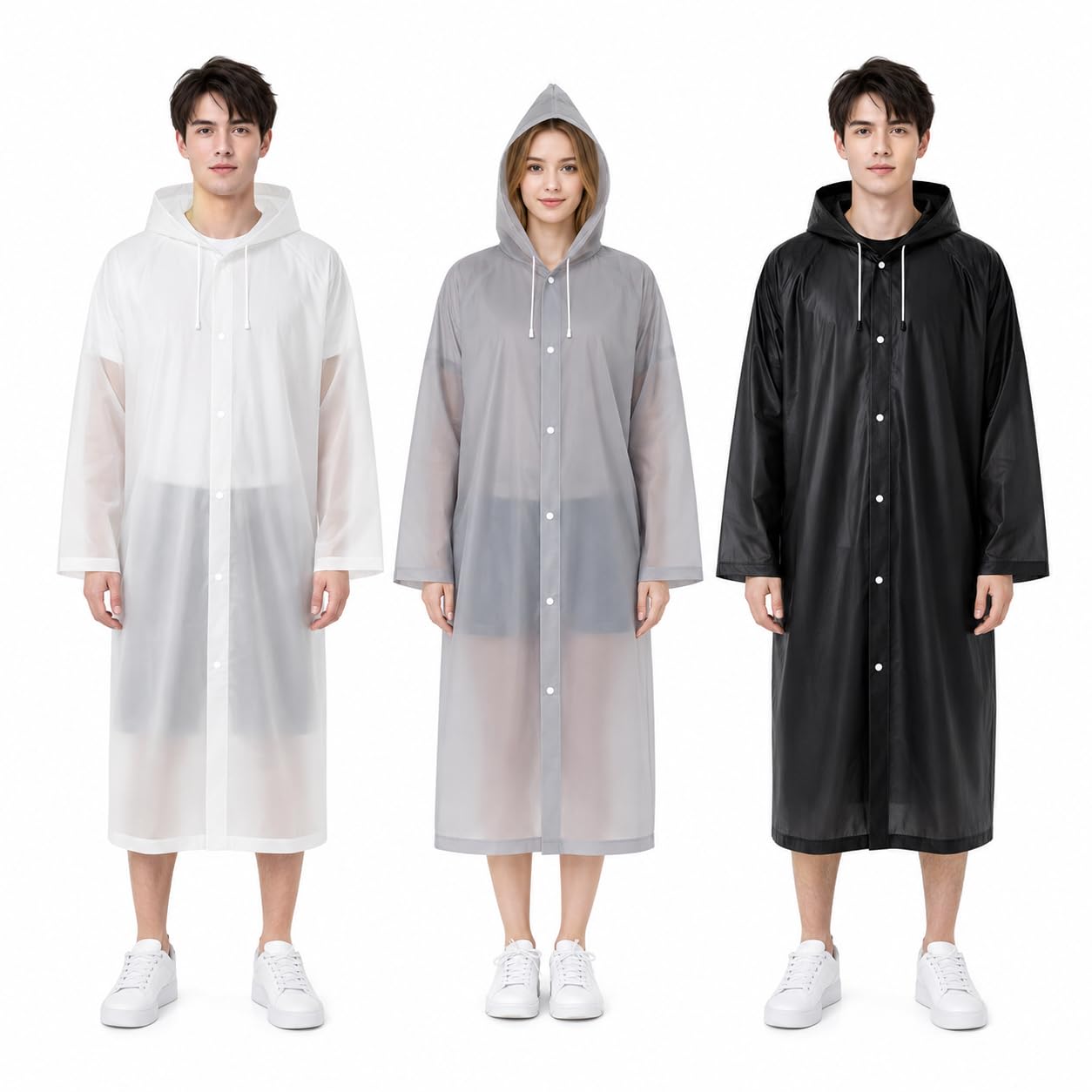 Lobaake 3 Pack Adult Rain Ponchos, Waterproof Raincoats with Hood and Sleeves, EVA PVC Lightweight Rainwear for Travel, Camping, Festivals, Theme Parks(Black, White, Grey)