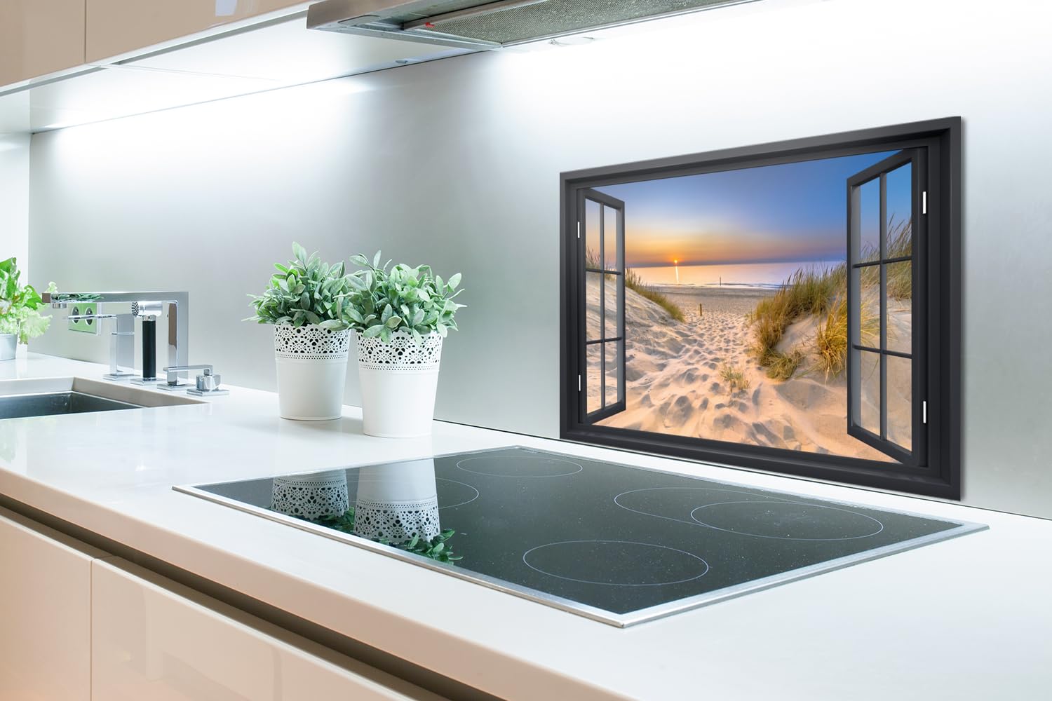KitchenYeah© Crédence Cuisine 60x40 cm Aluminium Accessoire Déco Protège Mur Plaque Protection Anti Éclaboussure Évier Fenêtre - Plage - Coucher de Soleil - Mer - Nature