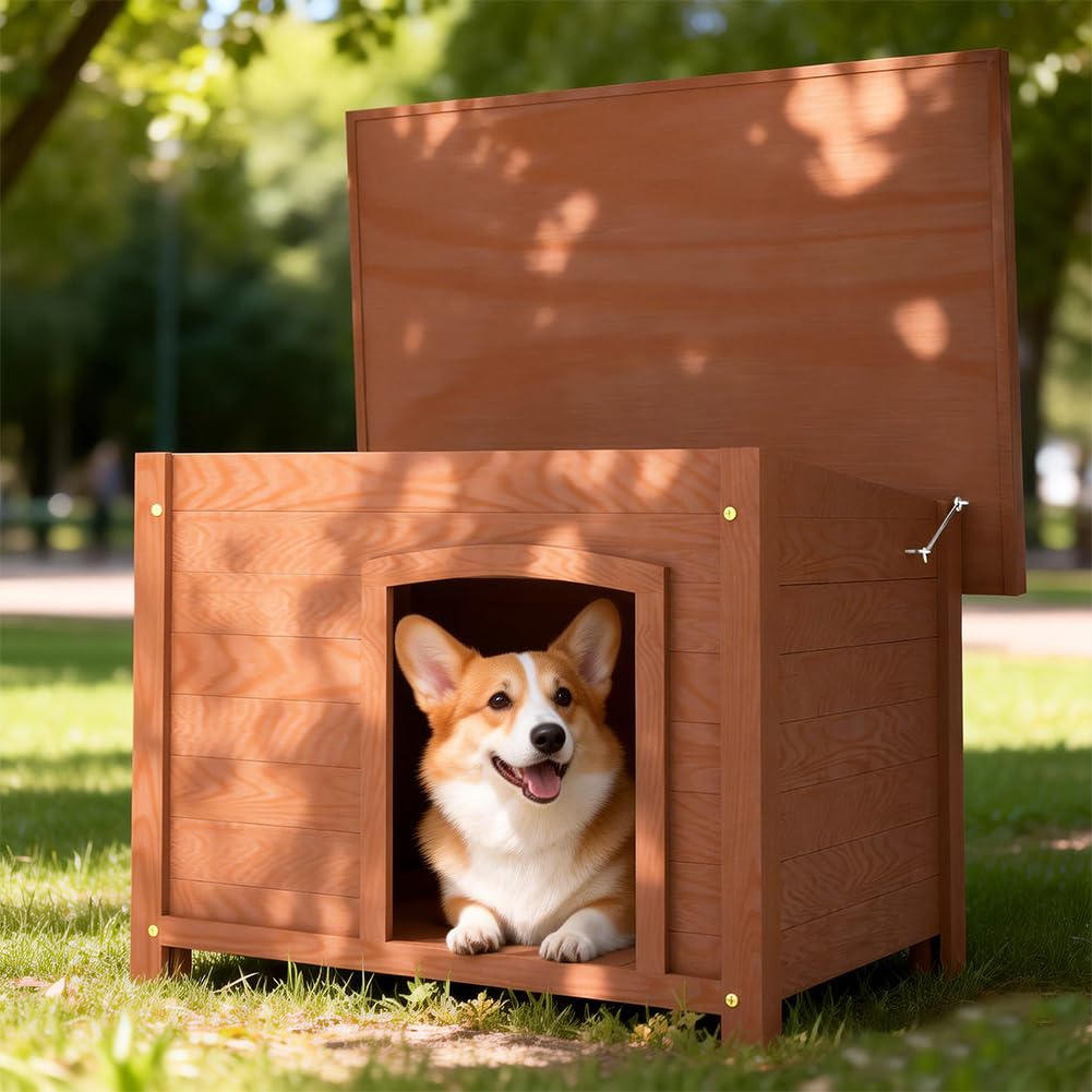 BAKAJI Cuccia per Animali Domestici in Legno di Cipresso, Casetta per Cani e Gatti con Tetto Apribile, Casa da Esterno ed Interno Resistente Alle Intemperie con Tettoia Asfaltata, 85 x 58 x 58 cm