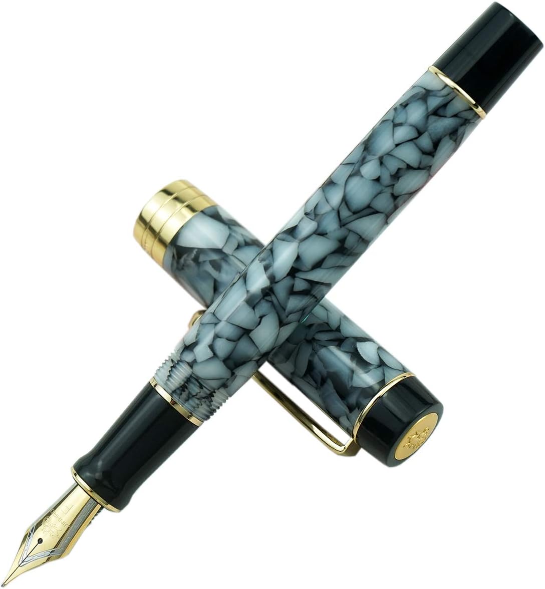 Jinhao 100 Classic Fountain Pen Gray Marble Celluloid, Medium Nib with Converter and Pen Case