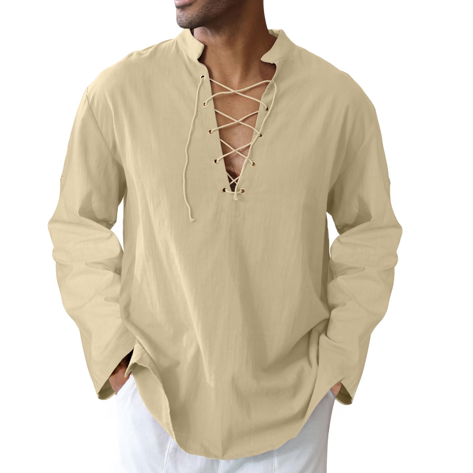 Men's Cotton Linen Shirt Drawstring Arm Banded Tops Medieval Viking Pirate Renaissance Halloween Costume