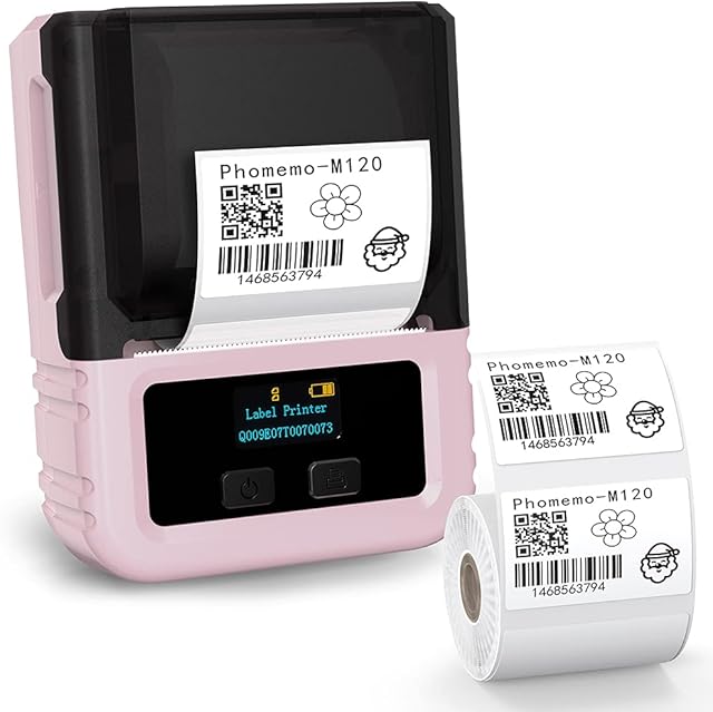 Phomemo Label Printer Machine - M120 Label Maker Machine, Wireless Mini Bluetooth Thermal Barcode Label Printer, Address, Labels, Postage Label Printer Compatible with Android & iOS, Pink
