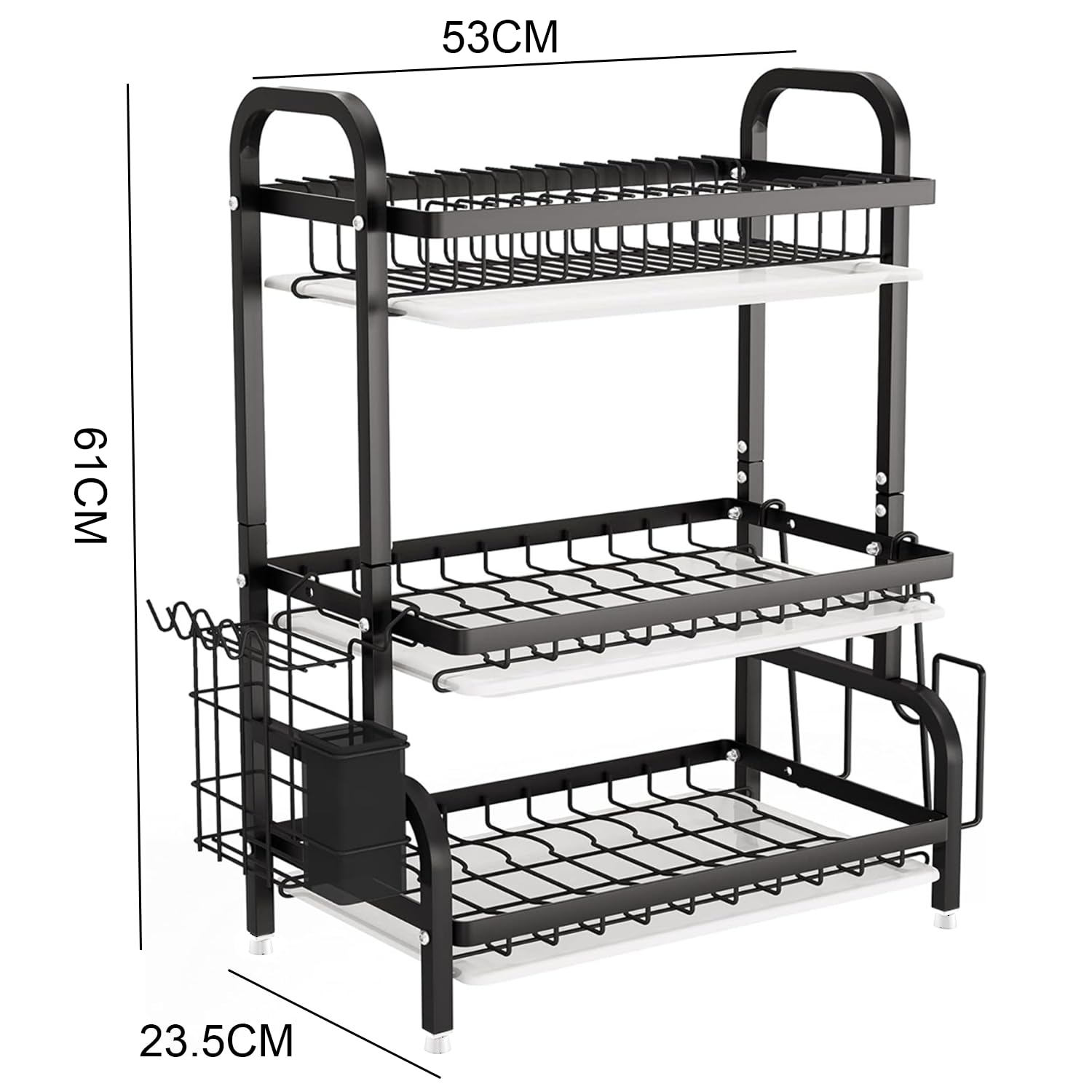 Scolapiatti nero a 3 livelli con vassoio raccogligocce 63 * 27 * 14 cm, porta posate/tagliere da posizionare sopra il lavello, scaffale portaoggetti per piatti in acciaio inox con 4 ganci