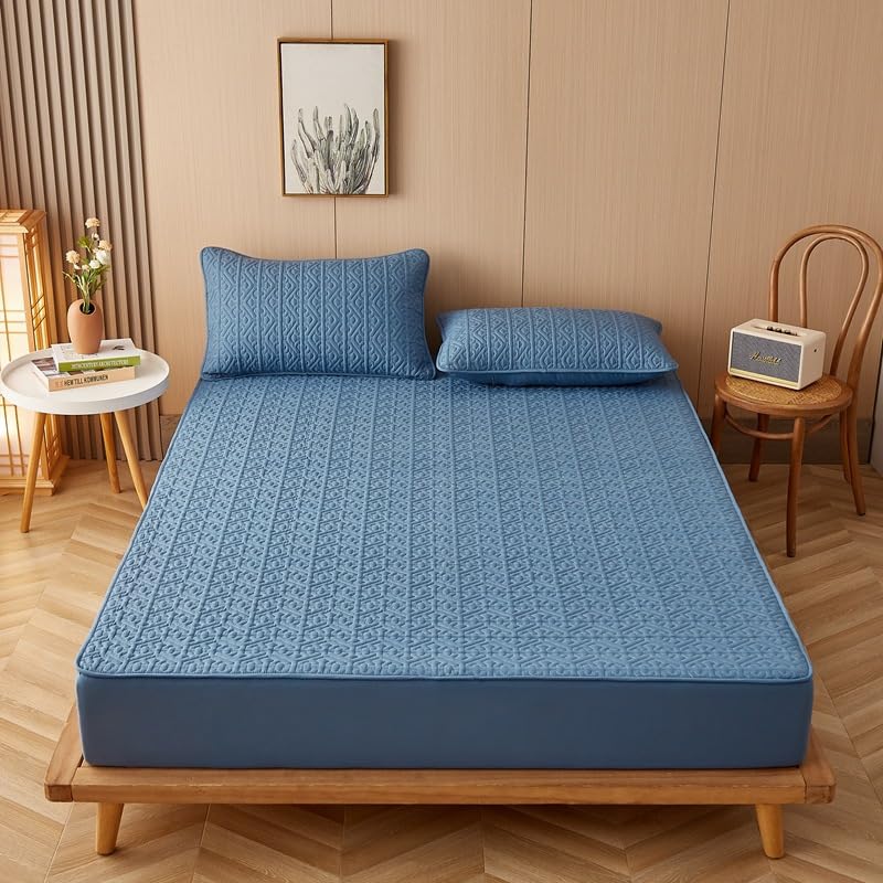 Linge de lit pour Matelas épais,Protège-matelas à sommier tapissier matelassé brossé solide, surmatelas épais pour chambre à coucher, hôtel, famille d'accueil, bleu marine, 200 x 220 cm (3 pièces)