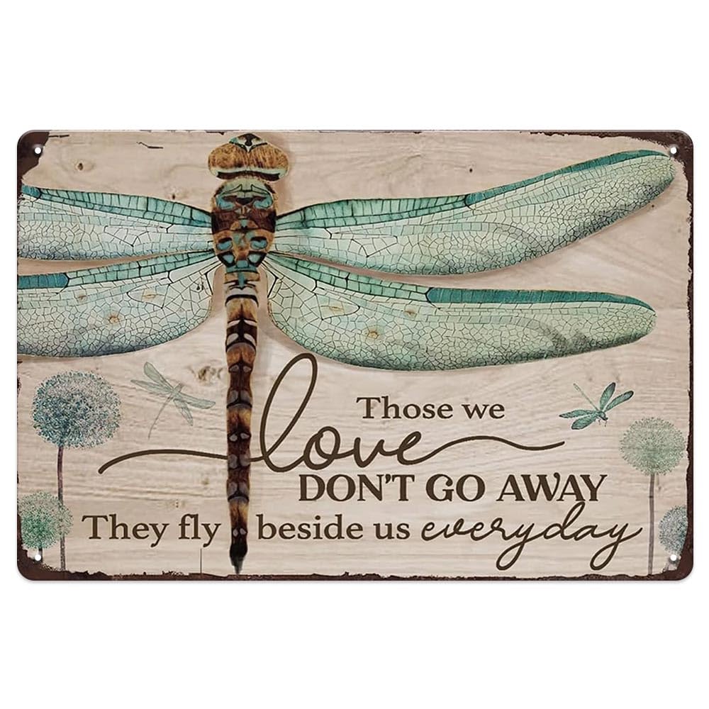 YOYI ART Metal Dandelion Dragonfly Wall Decor Sign - Those We Love Don't Go Away, Vintage Tin Signs for Home, Bedroom, Kithcen, Garden, Patio and Yard Wall Art Accessories, Gift for Women, 12 x 8 inch