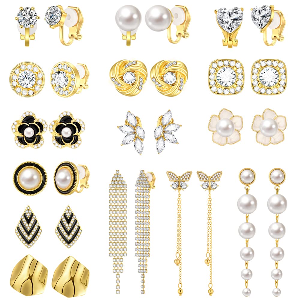 15 Pairs Gold/Silver Clip on Earrings for Women Teens Young Lady Non Pierced Earrings for Women Clip on Pearl Earrings Stud Dangle Earrings Prom Jewelry