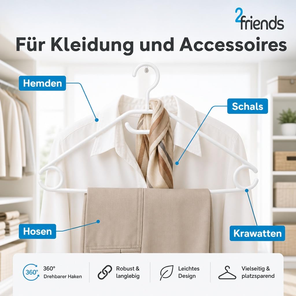 50 Kleiderbügel weiß Kunststoff mit drehbarem Haken – Platzsparend 8mm schmal, rutschfest mit Anti-Rutsch-Rillen, Hosenstange & Gürtelhalter, 41cm Made in EU aus 100% Recyclingmaterial