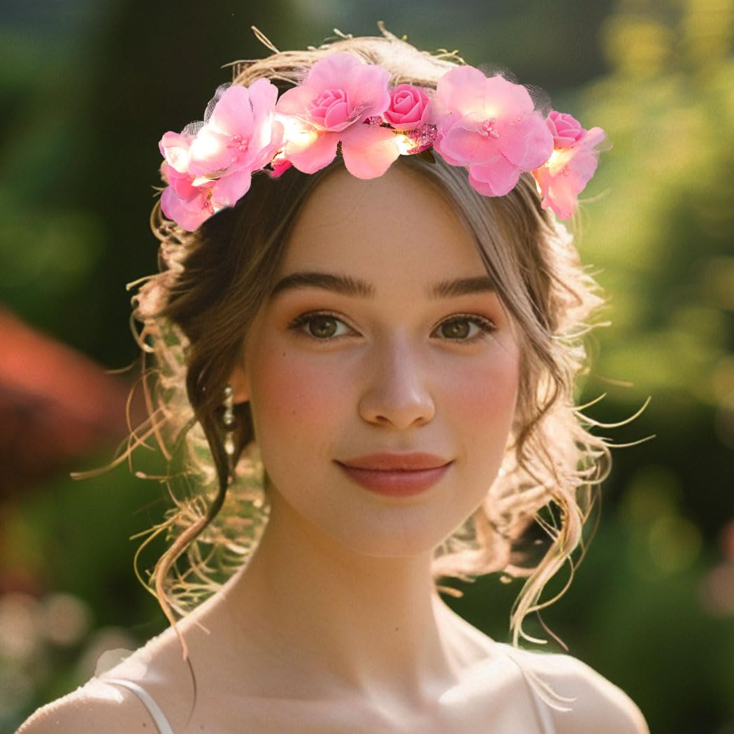 Fashband Light Up Flower Headbands LED Floral Crown Hair Wreath Bridal Headband Garland Headpiece Festival Headdress for Women (B) - Image 4