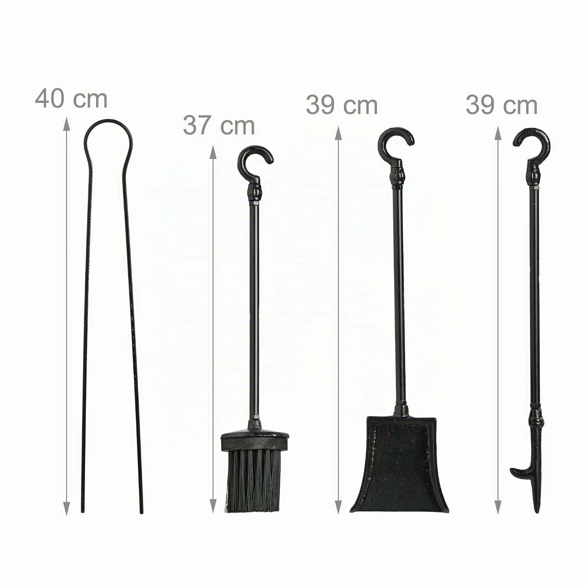 Relaxdays Set da 5 Attrezzi da Camino o Stufa, Attizzatoio, Pala, Scopino, Pinza e Supporto Porta Utensili, Ghisa, Nero