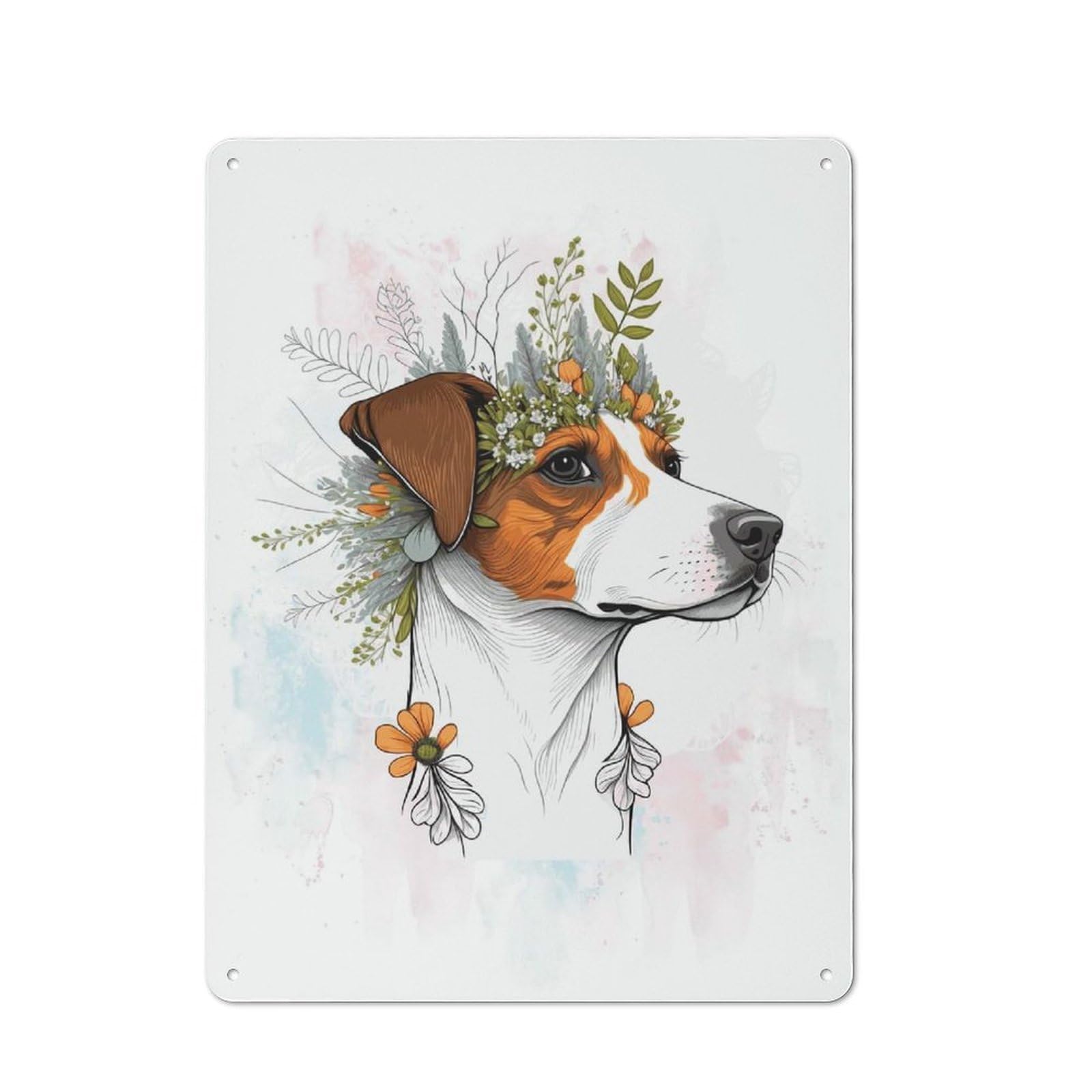 Retro Jack Russel Terrier Flower Vintage Metal Sign 40x30cm, Small Space Decor for Hallway, Home Bar, Garage Or Study