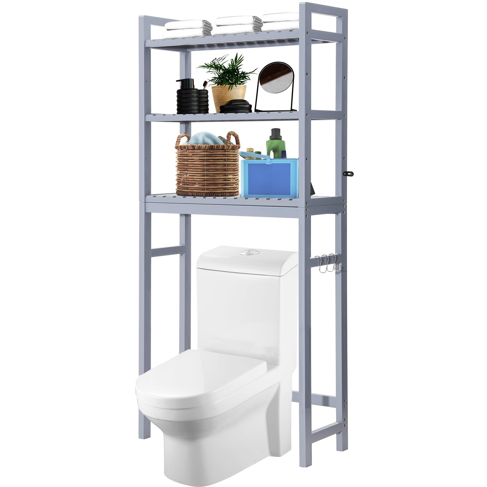 HITOMEN Over The Toilet Storage Cabinet, Bamboo Adjustable 3-Tier Above Toilet Shelf, Stable Freestanding Above Toilet Organizer with 3 Hooks for