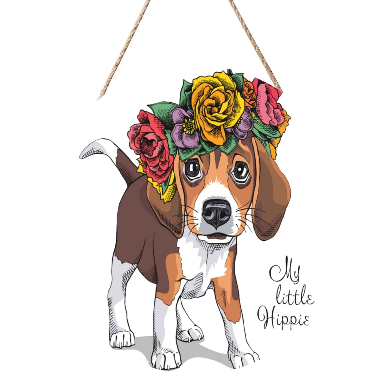 InOmak Puppy Beagle Floral Head Wreath, Round Wood Panel Painting 12 in, Wall Hanging Painting For Home
