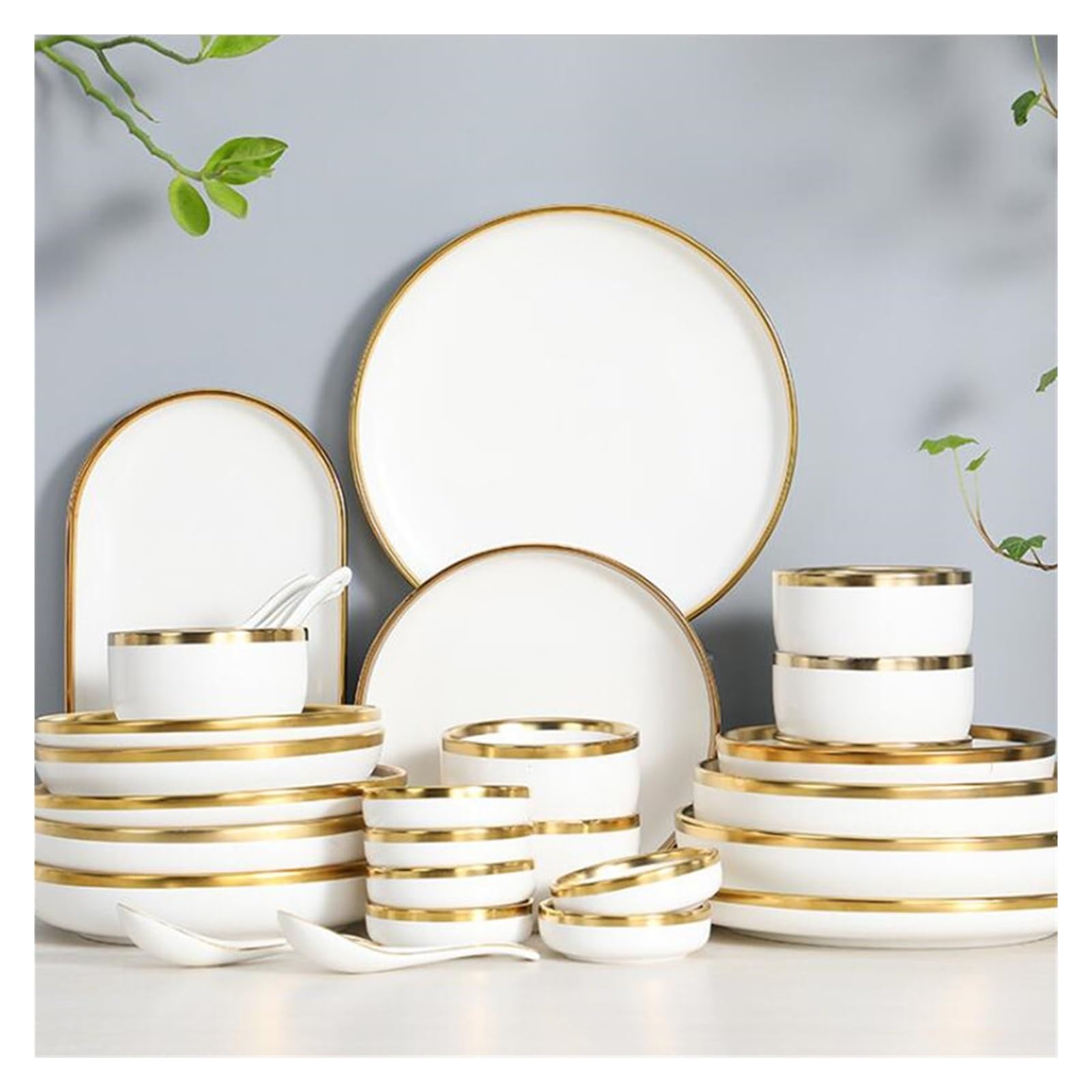 Geschirrset Gold Helle Weiße Porzellan Abendessen Sets Keramik Schüssel Teller Set Geschirr for Haushalt Hotel Für Küche und Esszimmer(Bright B1 people set)