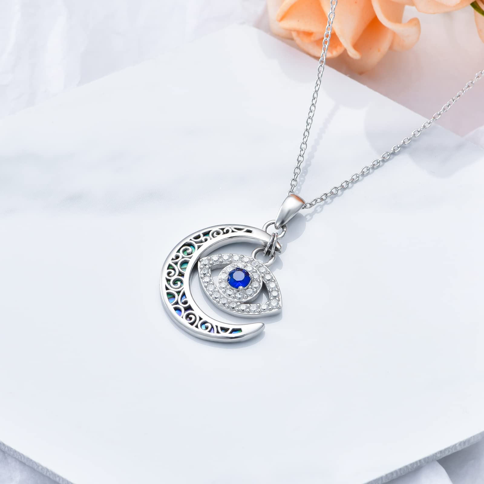 VONALA Böser Blick Halsketten Sterling Silber Mond Türkisches Böser Blick Nazar Boncuk Anhänger Halskette mit Abalone Muschel Religiöser Schutz Schmuck Amulett Geschenke für Damen