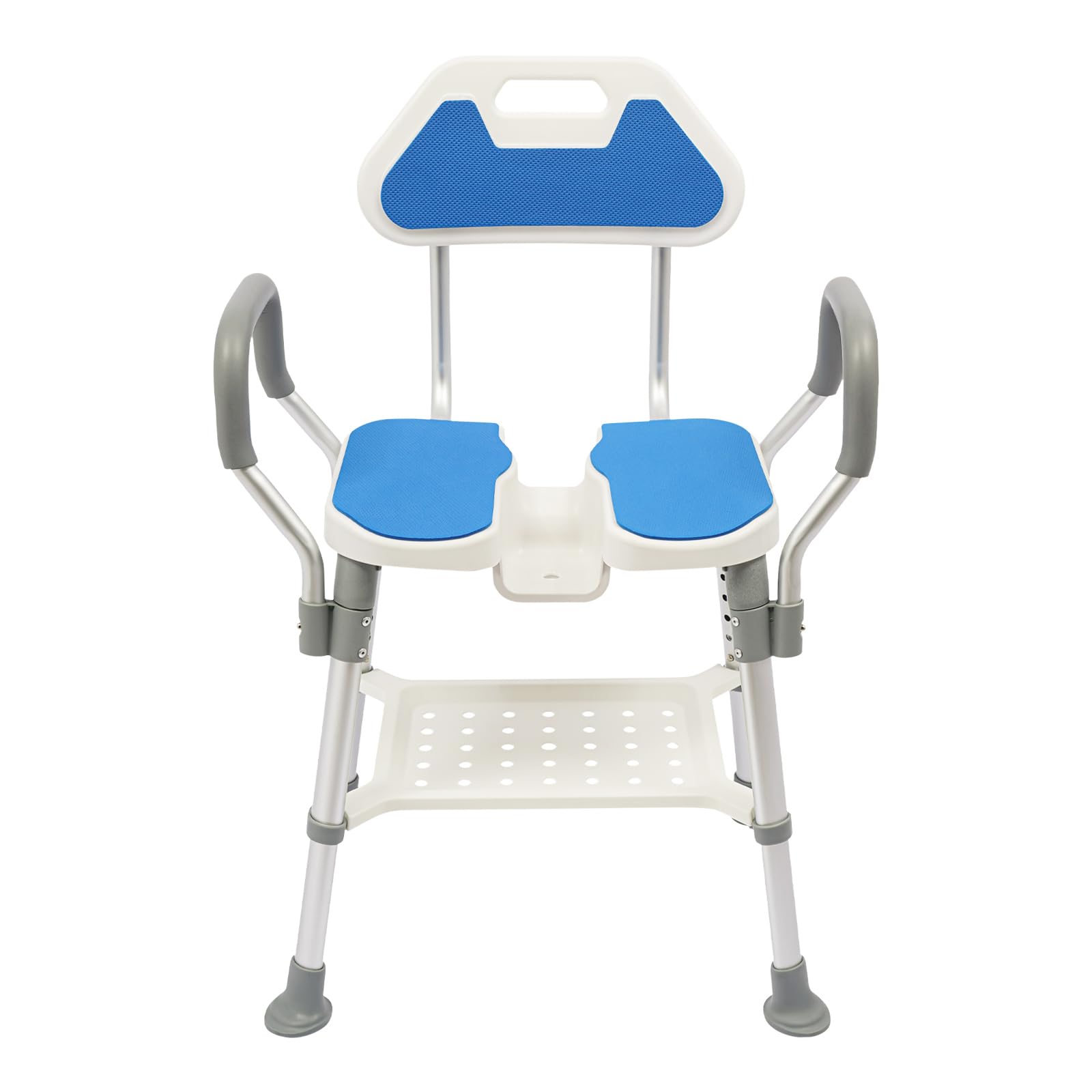 Taburete de ducha con respaldo, 5 niveles de altura regulable 38-48 cm, silla de baño con capacidad de carga de 150 kg, asiento de ducha con reposabrazos, asiento de ducha antideslizante