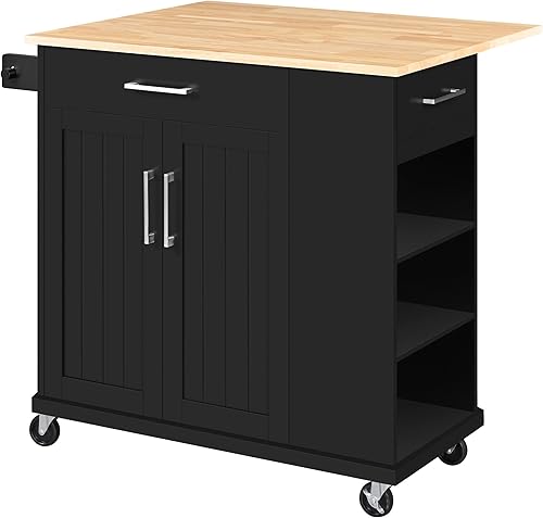 Miniatura 11 de Yaheetech Carrito de cocina con superficie de bambú, isla de cocina rodante de 32" de ancho con cajón y estante ajustable, gabinete de Blanco,Negro -
