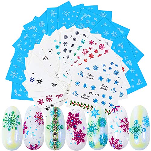 Christmas Nail Art Stickers New Year Nail Water Decals 30 Sheets Snowflake Star Glove Designs Winter Theme Nail Stickers for Women Acrylic Fingernails and Toenails Decorations Manicure Wraps Charms