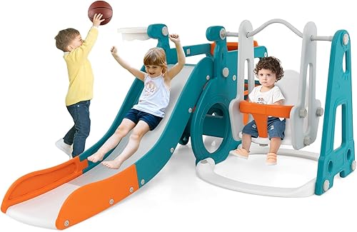 HONEY JOY Juego de tobogán y columpio 6 en 1 para niños pequeños, para interiores y exteriores, juego de gimnasio con columpio para bebé, aro de