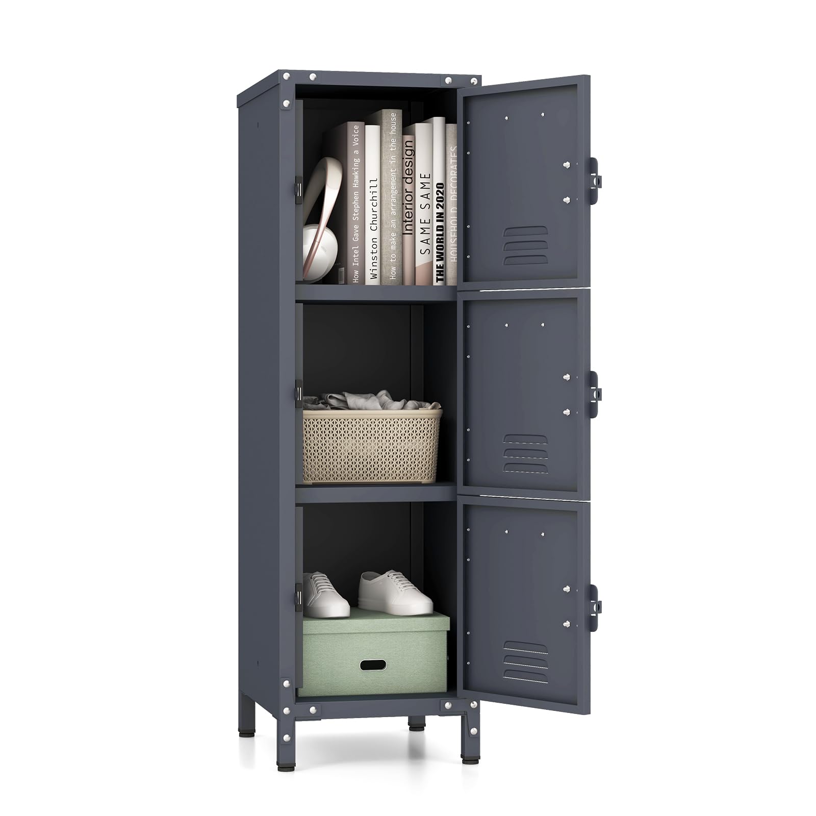 COSTWAY Armadio in Metallo con 3 Porte Chiudibili, Piedini Regolabili, Dispositivo Anti-Ribaltamento, Armadietto Verticale a 3 Ripiani per Casa, Ufficio, Scuola e Garage, 30 x 35 x 100 cm