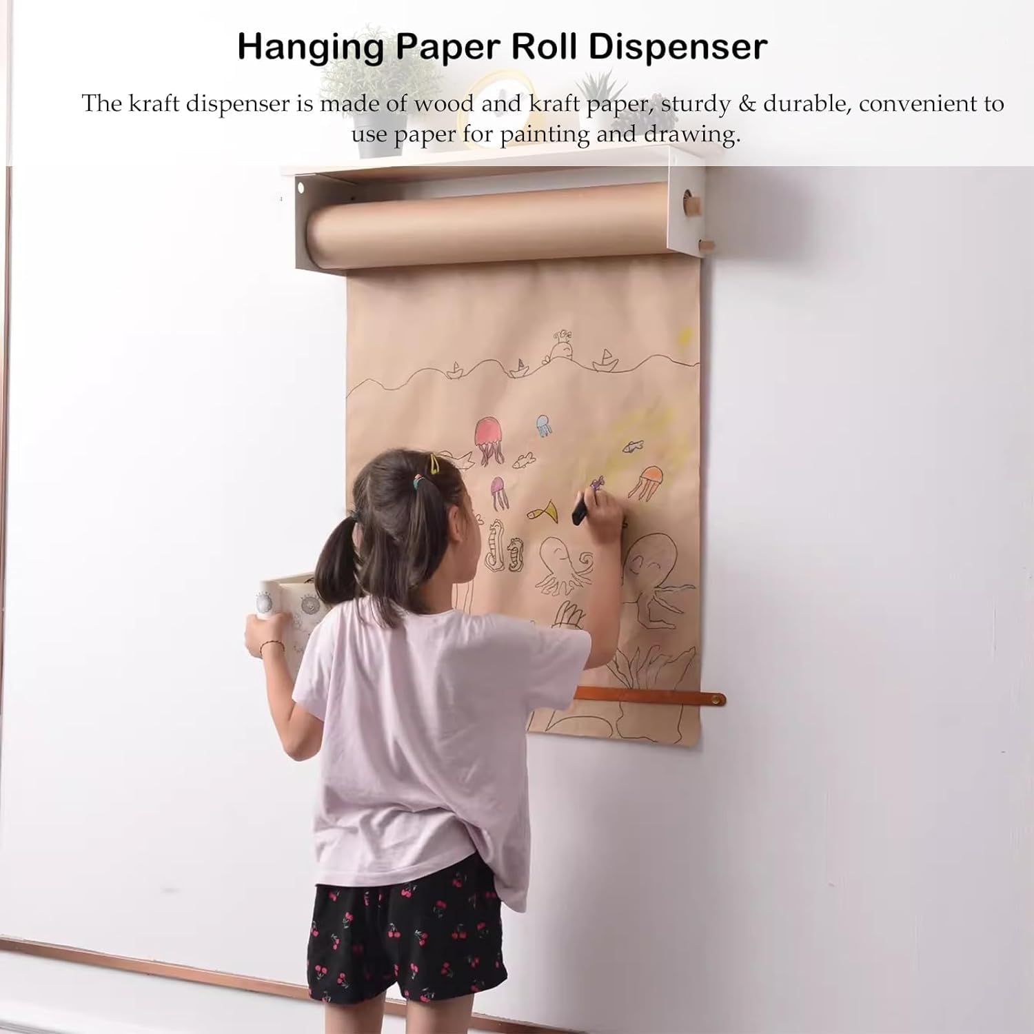 Portarrollos de Papel, dispensador de Papel Colgante montado en la Pared, dispensador de Rollos de Papel Kraft con Estante de Almacenamiento(Dispenser,45cm/17.7in)