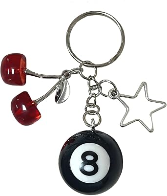 8 Ball keychain, Cherry Keychain, Eight Ball Keychain with Star, Pool Ball Keychain, Creative Key Chain