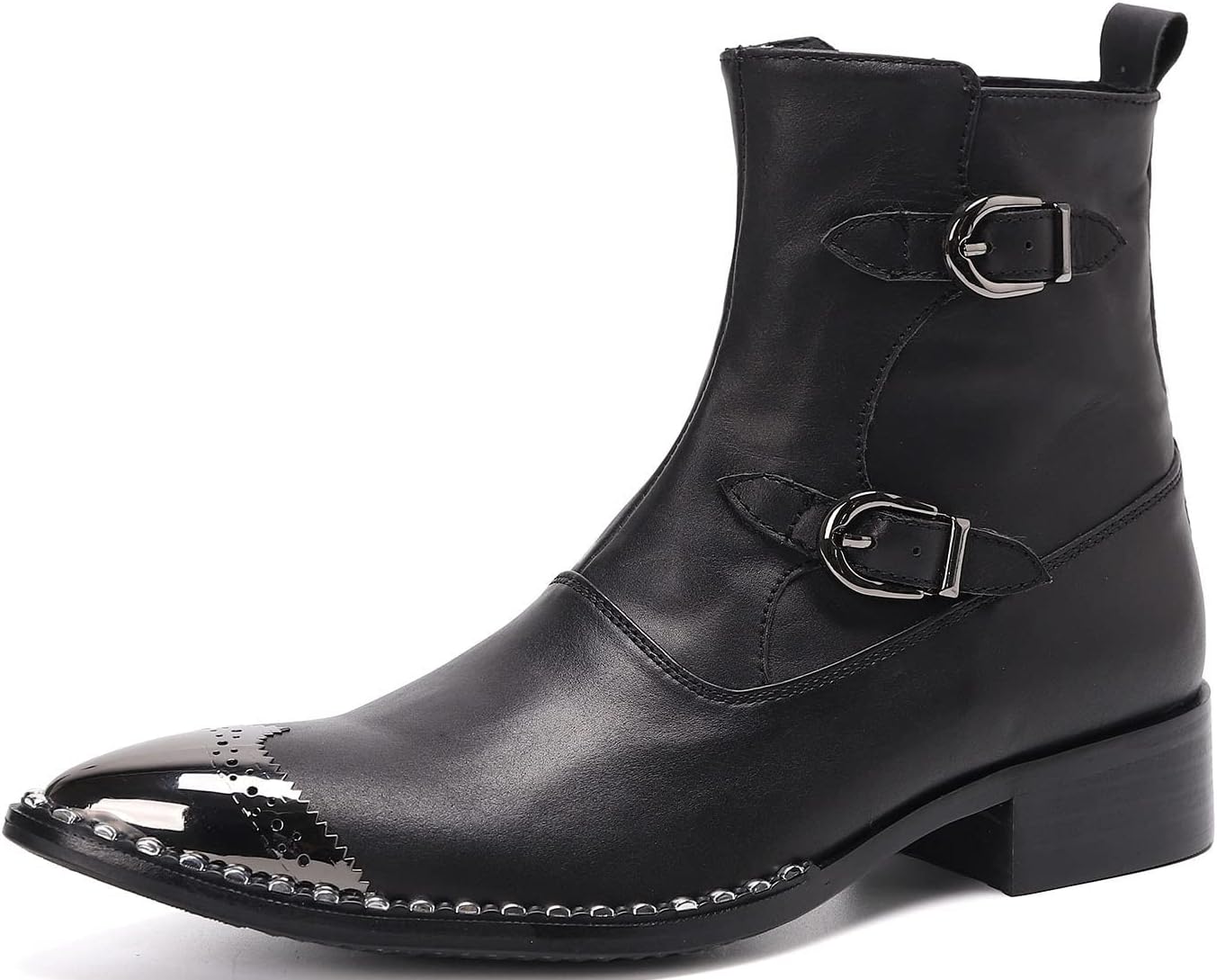 Santimon Mens Black Ankle Boots with Double Buckle & Metallic Toe – Gothic Punk Dress Western Boots with Studded Design – Leather High Top Boots for Concert, Stage, Party