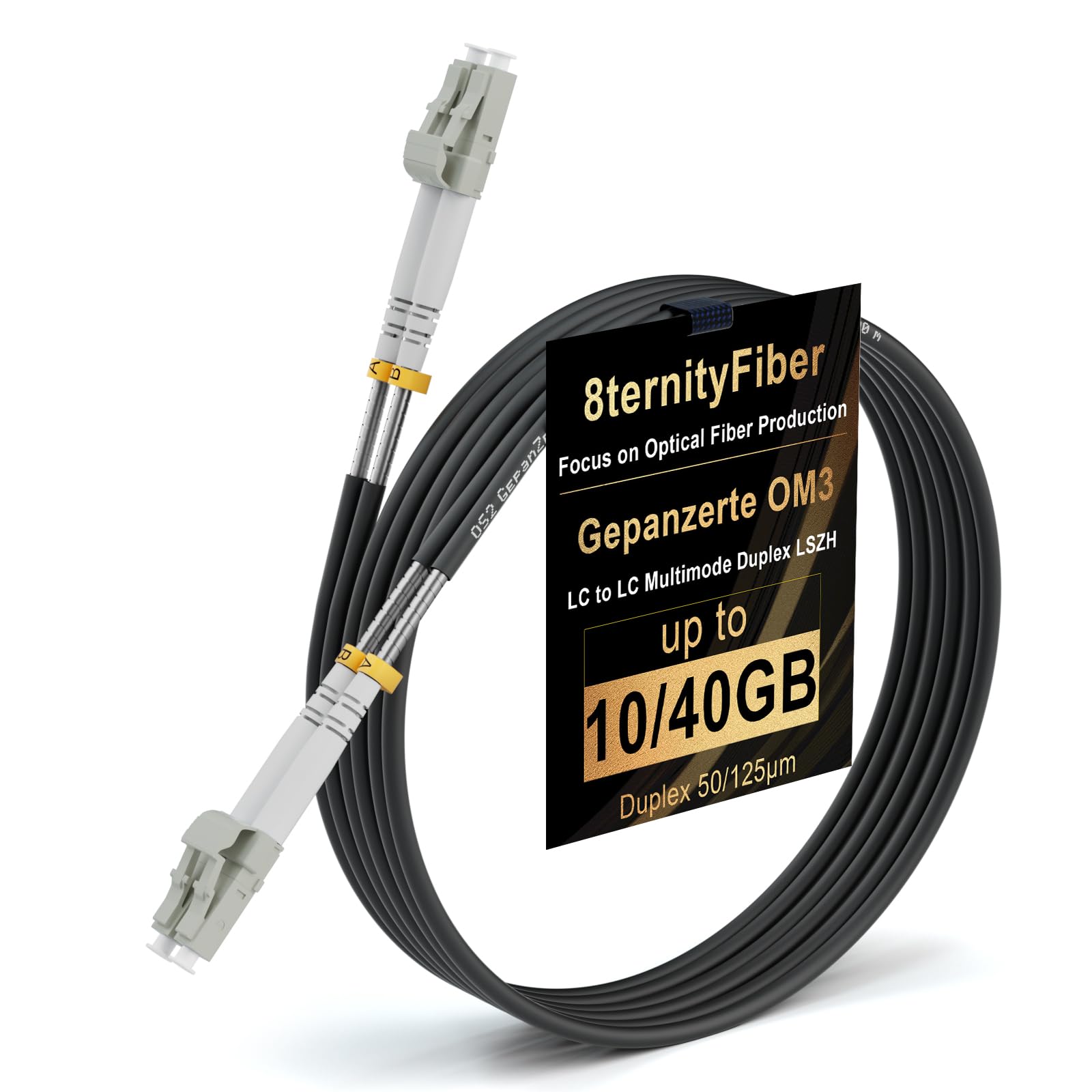 OM3 Câble à fibre optique blindé LC/UPC vers LC/UPC 100 m | 100 m, duplex multimode, 50/125 μm, 10 Go/40 Go, LSZH, diamètre extérieur : 3 mm, gris