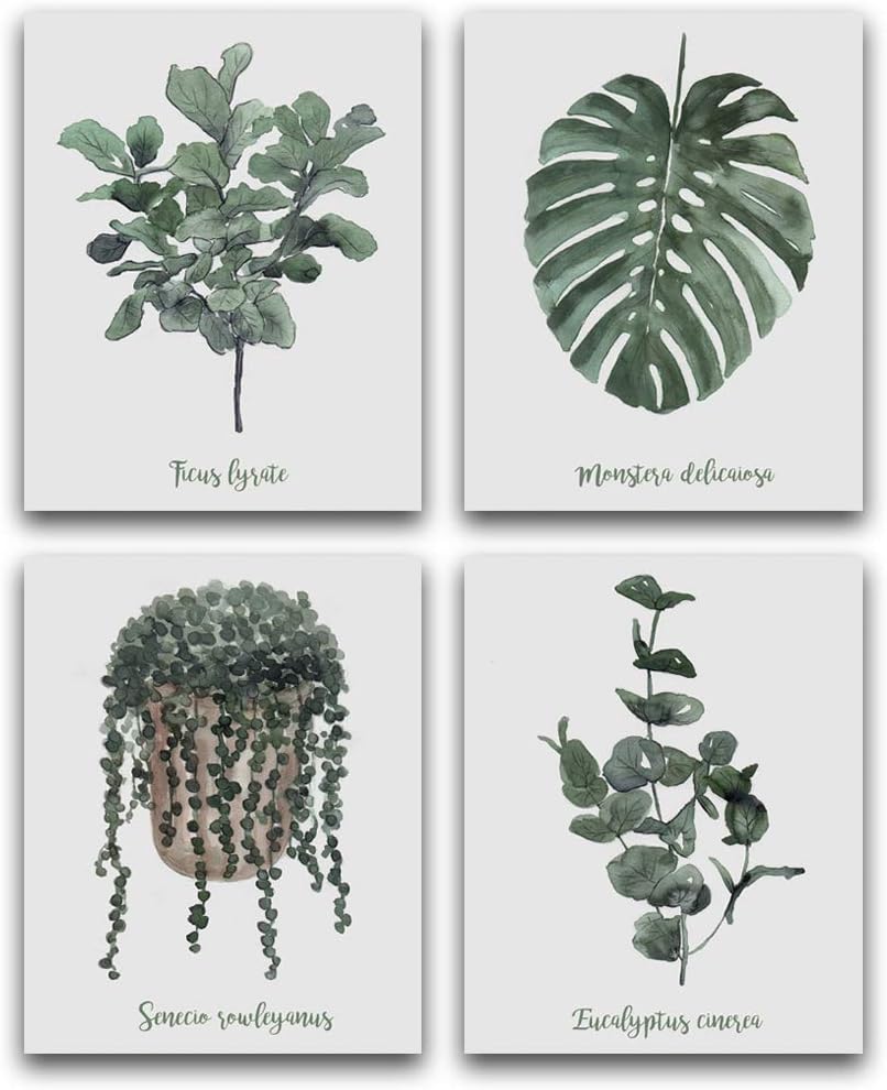 HPNIUB Simple Life Art Print Green Leaf Painting Set of 4 (10”X8”Potted Leaves Art Poster for Office or Living Room,No Frame