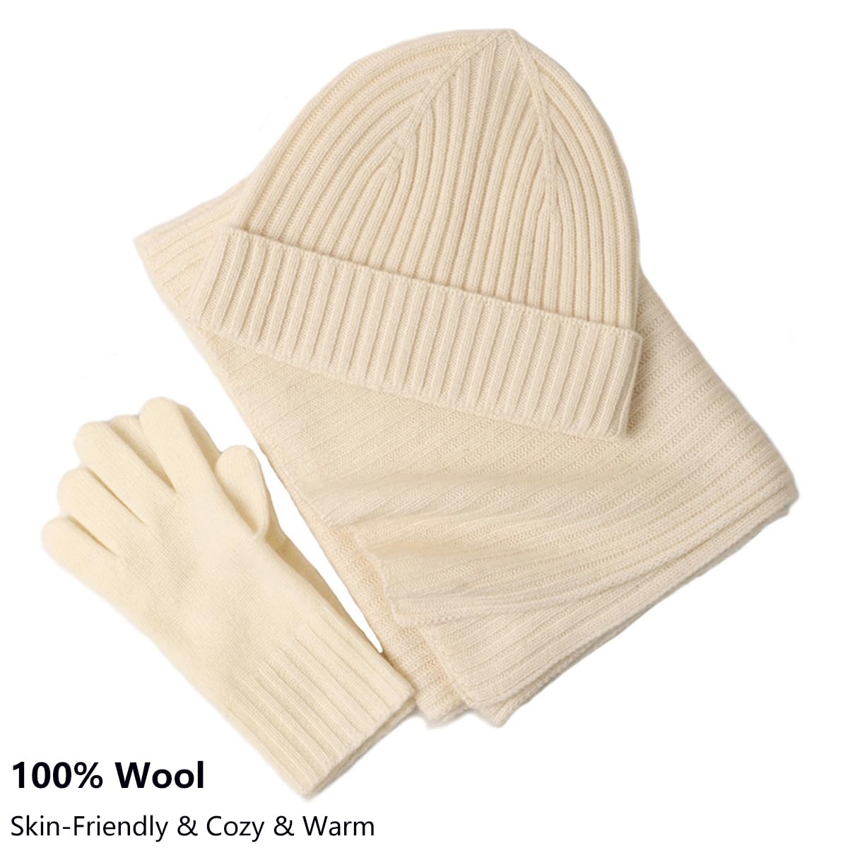 YUONNY Zimowa czapka beanie, szalik, rękawiczki, zestaw 100% wełny merynosów, dla kobiet i mężczyzn, miękka, ciepła czapka z dzianiny ze ściągaczami, długi szal i pełne palce, zestaw 3 w 1, do