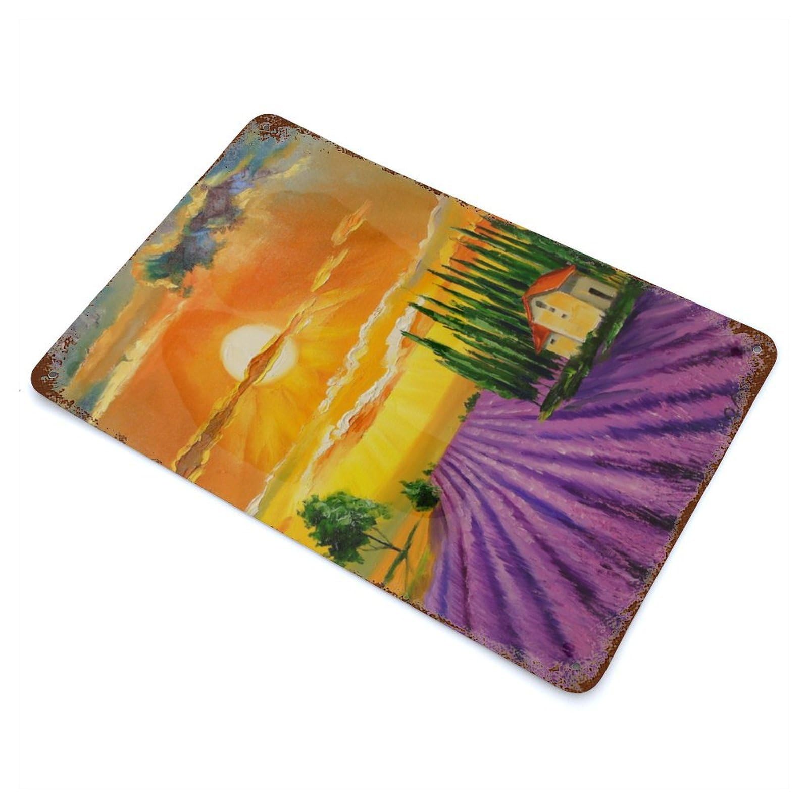 Lavender Field at Sunset Weathered Tin Sign 11.8"x7.9", Classic Wall Plaque for Garage, Bar And Workshop Decor