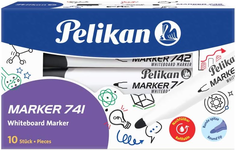 Pelikan 817974 Whiteboard Marker 741 with Round Wick, Black, Pack of 10 in Folding Box