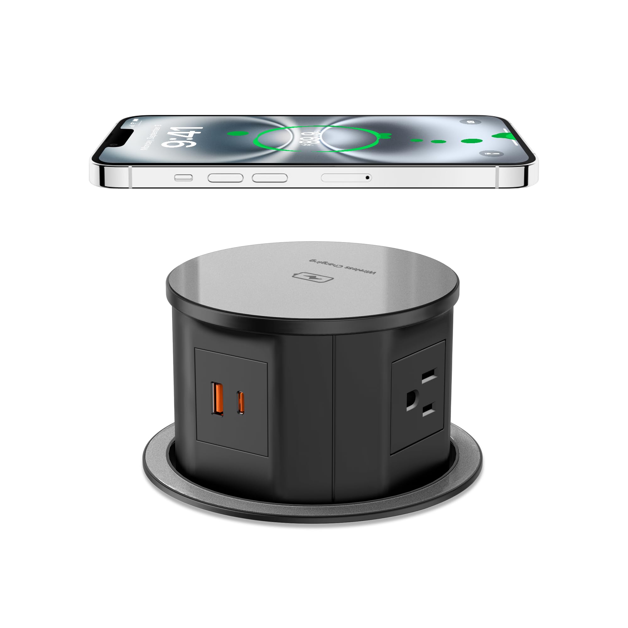 Pop Up Outlet with 15W Wireless Charger, 4 AC Outlets & PD 20W USB Fast Charging, 4.75 inch Desk Hole Power Grommet Connect 6FT Cord for Office, Conference, Kitchen Use(ETL & FCC Listed)