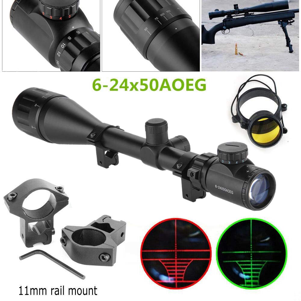 Aufun Lunette 6-24x50AOEG Réticule Mil-Dot Anti-buée Points de Visée Rouges Verts 11mm Montures Chasse Sport Tactique
