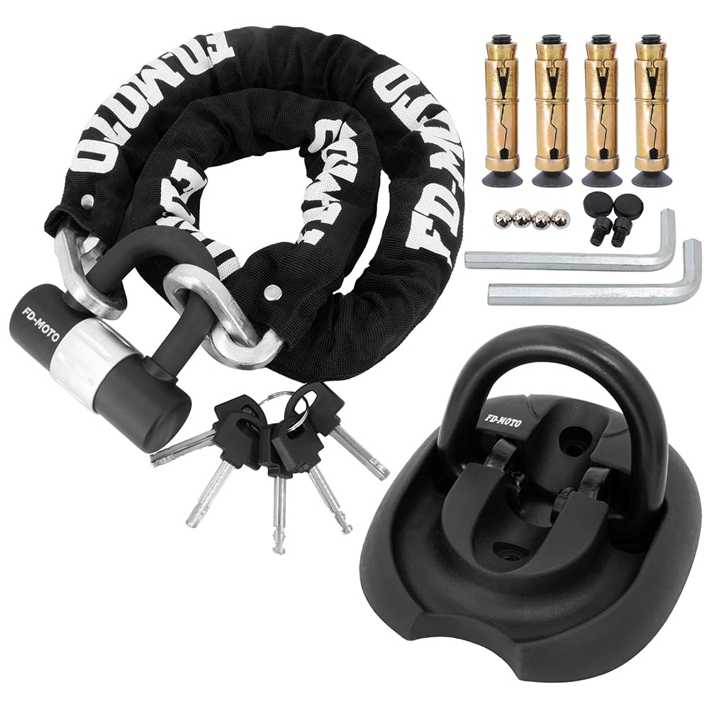 FD-MOTO 1,2Mx10mm Cerradura de Cadena de Moto de Acero + Ancla de tierra Scooter Bicicleta Motocicleta Cerradura