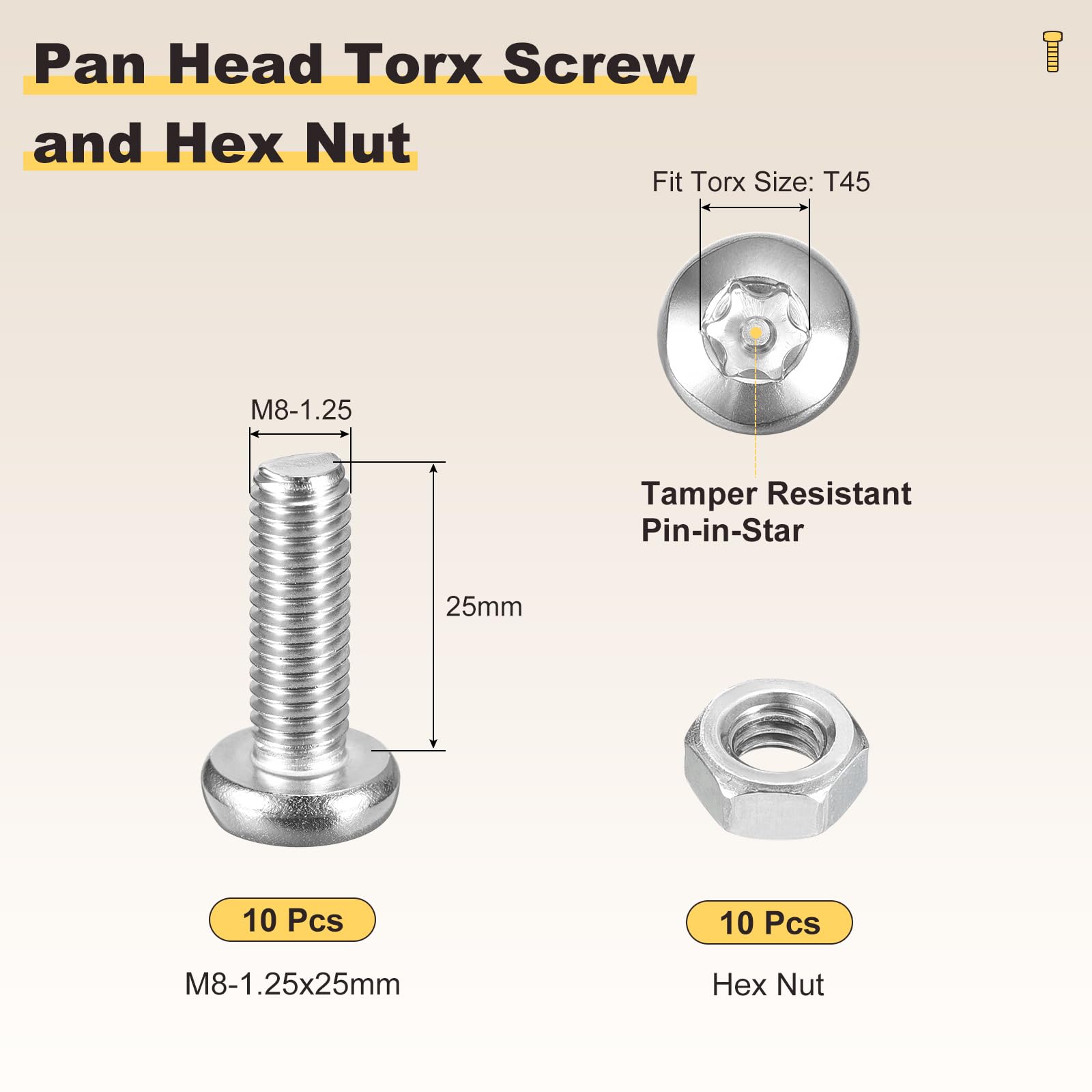 METALLIXITY Pan Head Torx Security Screws Bolts (M8-1.25x25mm) 20pcs - Image 2