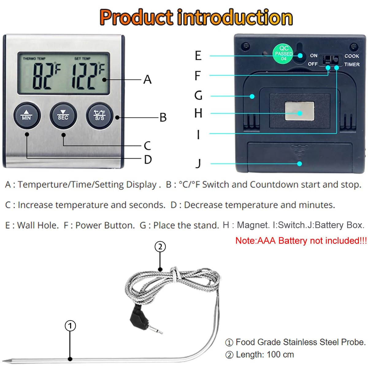 Grand thermomètre numérique LCD pour cuisson des aliments et de la viande avec sonde en acier inoxydable, fumoir, four, barbecue