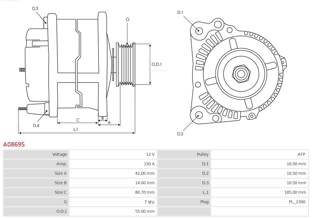 AS-PL Alternador A0869S 150A con polea de rueda libre Compatible con FIAT Ducato Camión de plataforma/Chasis 250, 290 Ducato Bus 250, 290 Ducato Furgón 250, 290, IVECO