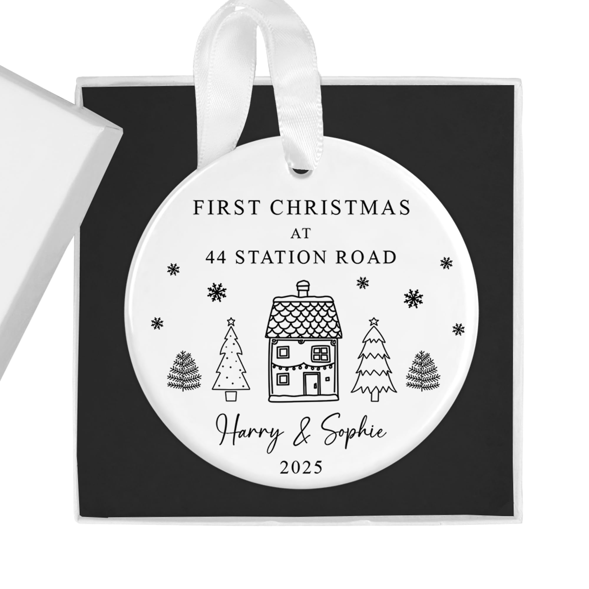 "First Christmas At [Your Address]" - Custom Ceramic Bauble & Gift Box: Personalised New Home with Ornament Address & Couple Name - Housewarming Gift - Unique Christmas Tree Decoration