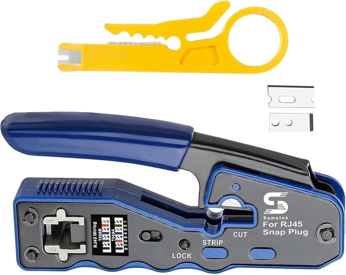 RJ45 Pass through Network Ethernet Crimper PassThrough RJ45 Crimping Tool for Connector Cat5e Cat6 Cat7 cat8e with Wire Stripping Knife, Crimper for Stripping Crimping & Cutting + 2 Extra Blades