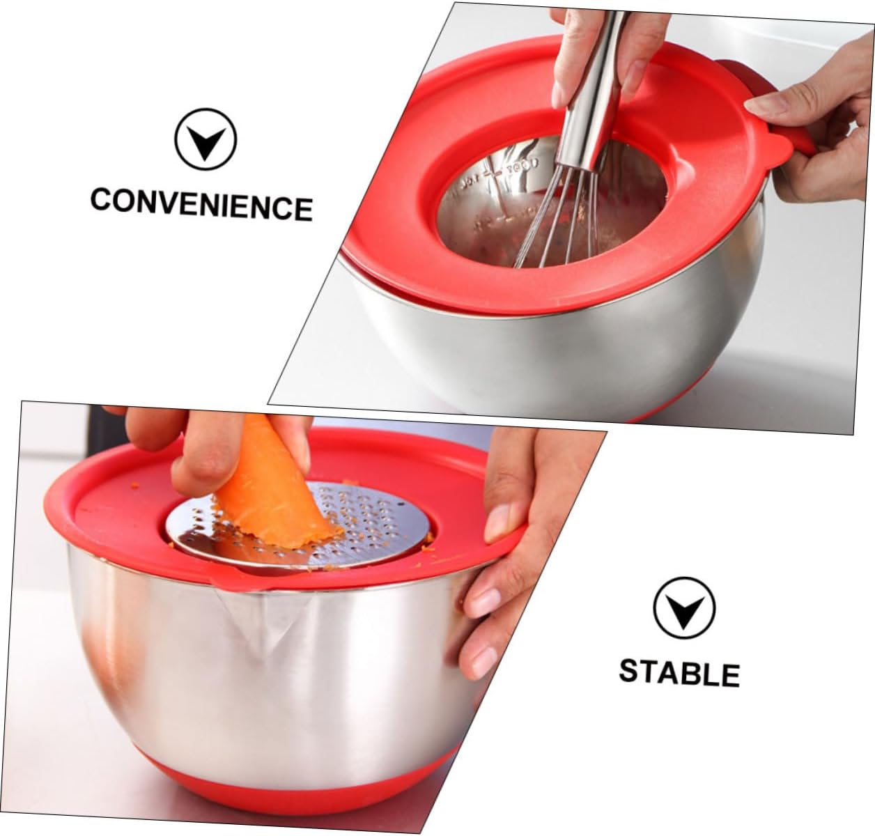 SUPVOX Multi-function Stainless Steel Mixing Bowls with Silicone Base and Red Handle, 18cm 20cm Food Mixing Bowls Set with Lids and Graters for Salad, Dough Kneading, and Kitchen Prep