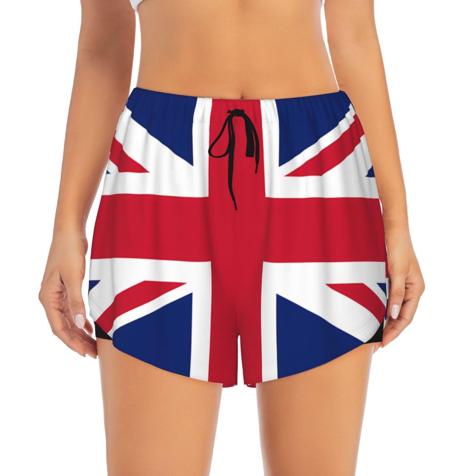 Jxwcher Women's Black 2 In 1 Running Shorts, British Flag Print High Waisted Athletic Gym Workout Shorts With Pocket, M