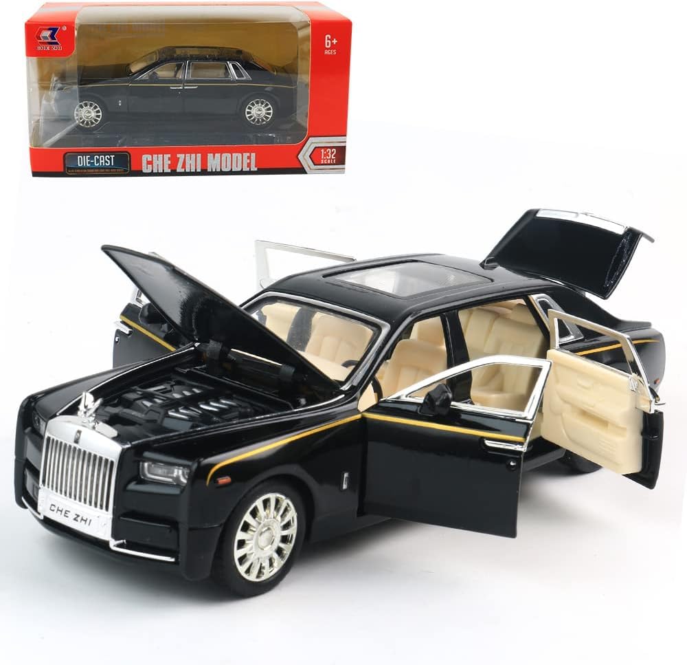 Rolls Royce Phantom Model Car 1:32 Scale - Exclusive Alloy Metal Car Pull Back Die-cast Car Toy with Light and Sound-Black