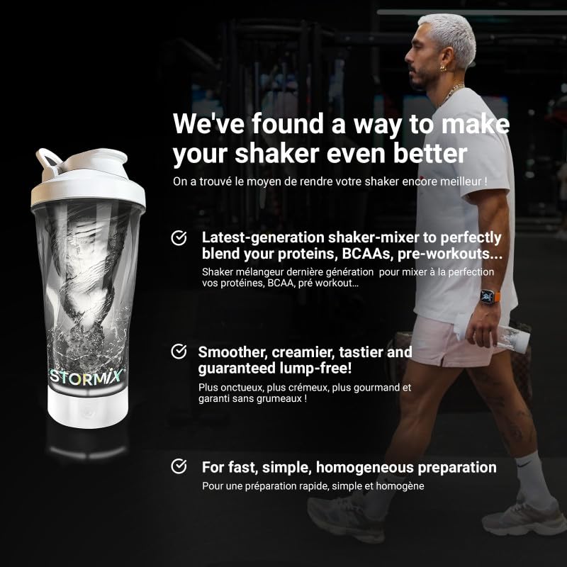 Stormix - Shaker elettrico | Mixer di alta qualità | Preparazione omogenea per proteine, pre Workout | Capacità 700 ml | Tritan e ABS, senza BPA | Basso volume sonore | Ricaricabile USB