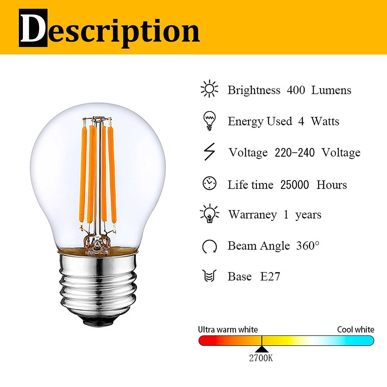 Żarówka LED Edison G45 z możliwością przyciemniania, żarówka LED 4 W, odpowiednik 40 W, ciepła biel 2700 K, 400 lm, gwint E26 E27, żarówka vintage globus do wiszącego żyrandola, zabytkowe oprawy