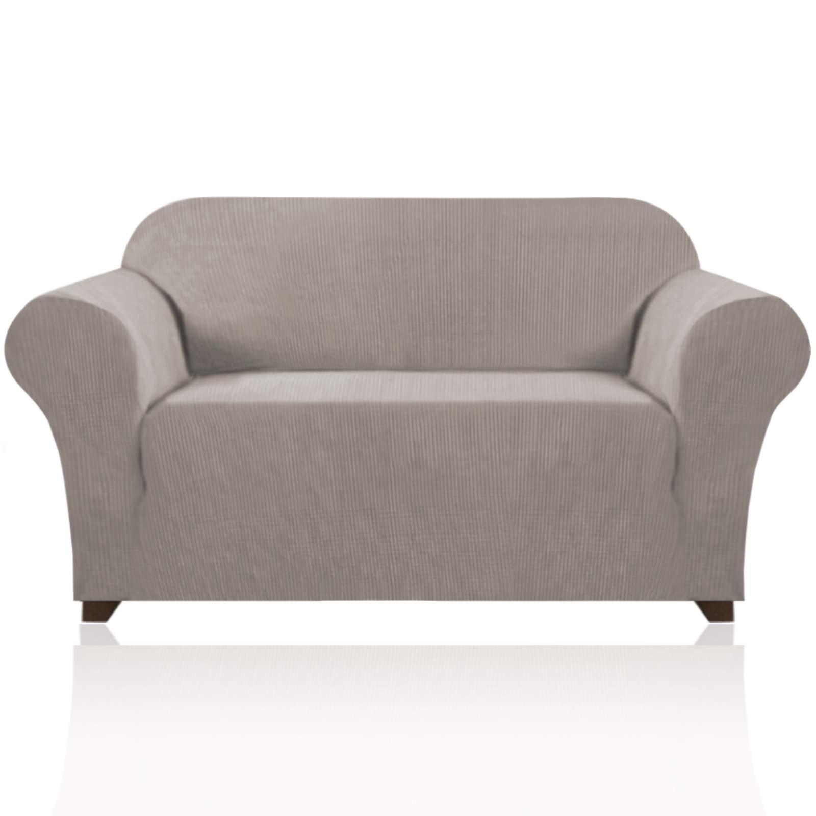 PrinceDeco Stretch Loveseat Sofa Cover Slipcover Couch Cover for 2 Cushion Sofa Washable Sofa Cover for Pets Friendly Furniture Protector Covers with Non Slip Bottom(Loveseat, Taupe)