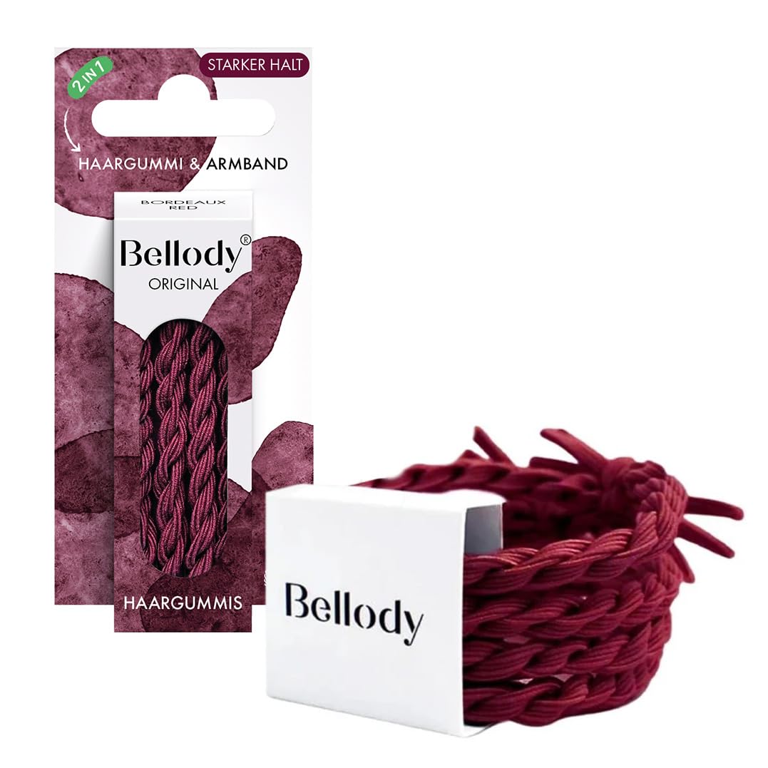 Bellody® Original Haargummis - Stylisch geflochtener Haargummi mit starkem Halt (4er Set - Bordeaux Red) - Damen Haarschmuck in Dunkel Rot