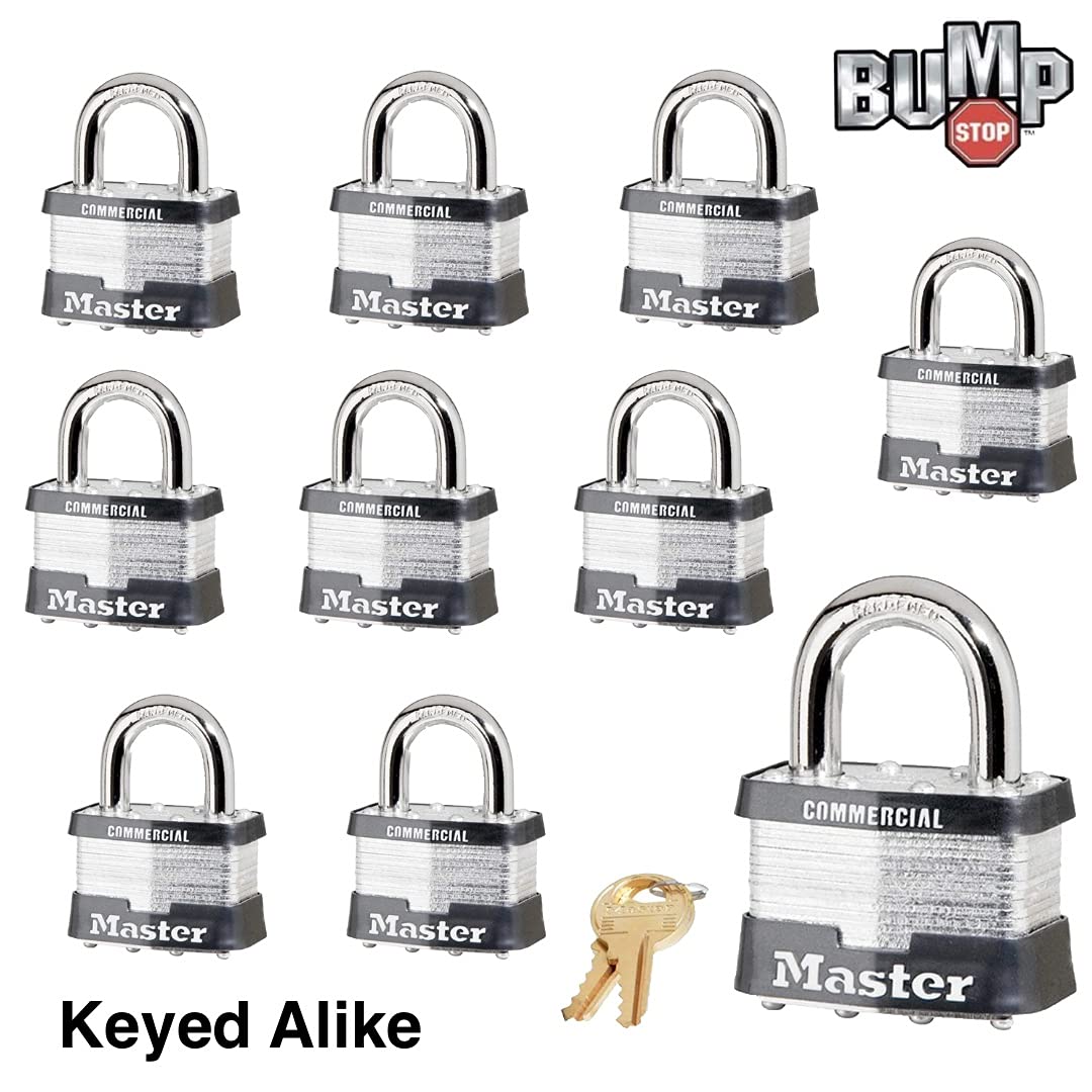 Master Lock Candado – Cuerpo de 5 cm de ancho x 2,54 cm de largo grillo, diez (10) cerraduras iguales con llave 5 NKA-10 con tecnología de parada Bump