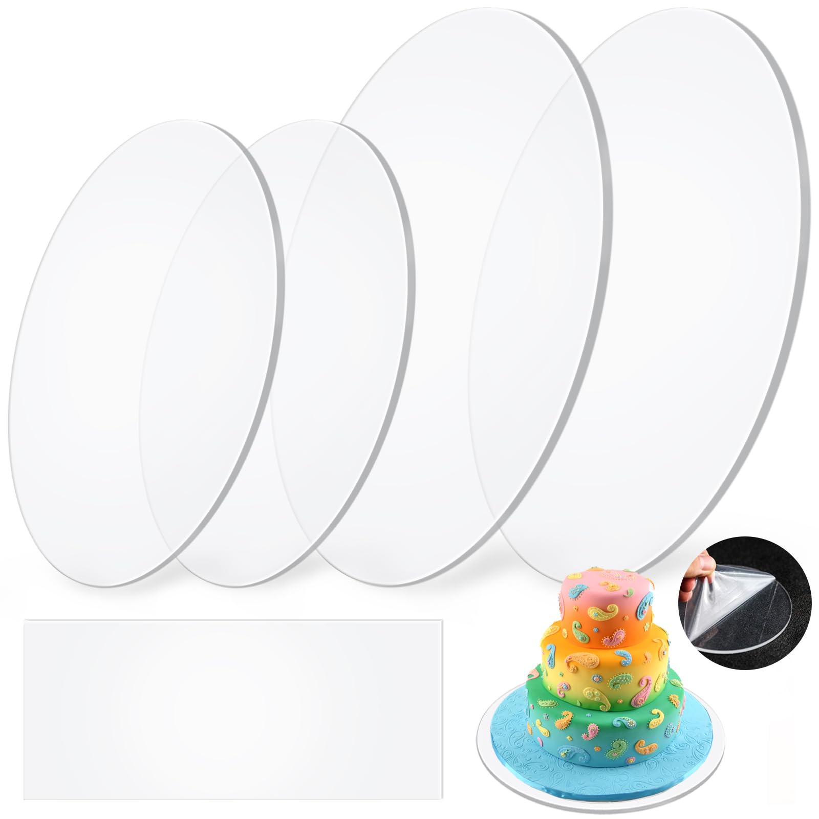 UETERN 4 Piezas Tabla para Tartas, Placa para Tartas Transparente de 200x2/250x2 mm, Tabla para Tartas Redonda de Acrílico con 1 Raspador para Tartas, para Transporte y Decoración de Tartas, Pintura